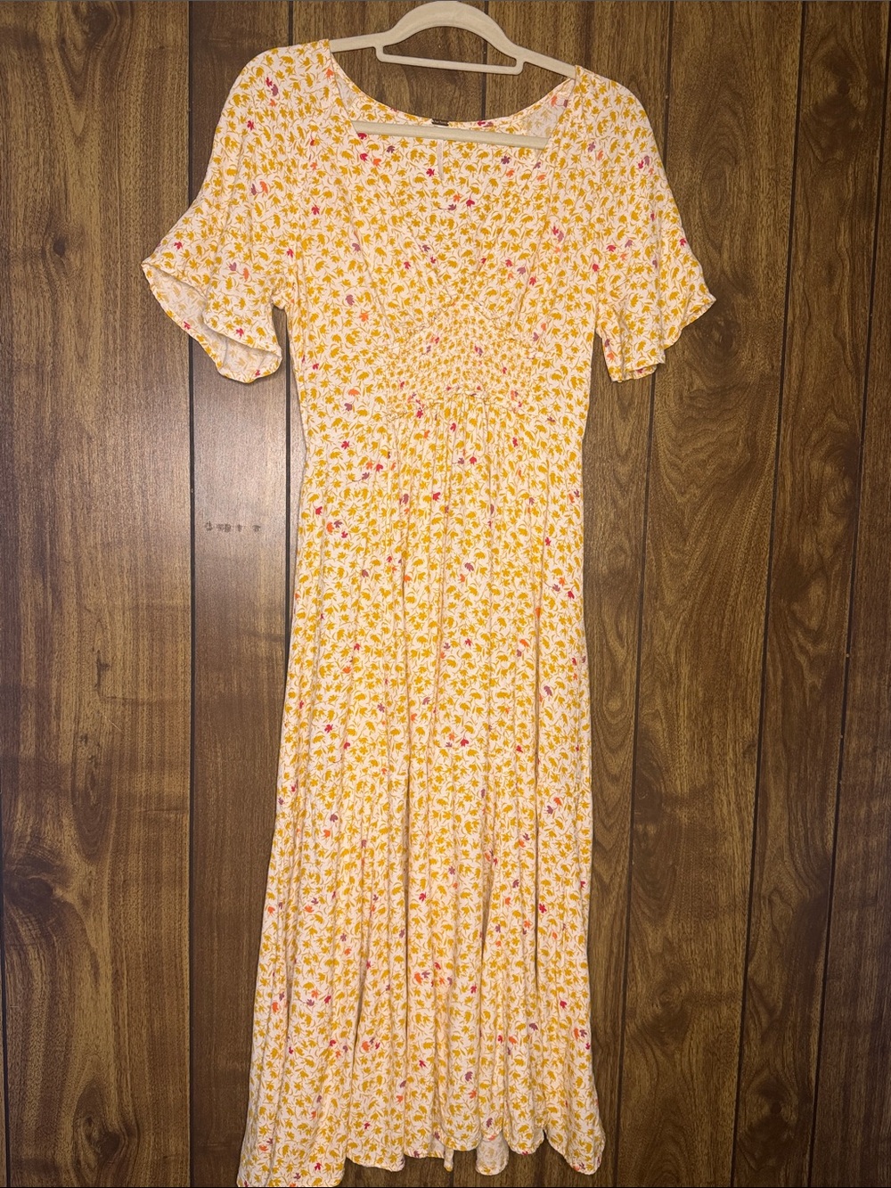 Free People Yellow Floral Midi Dress with Pink Highlights